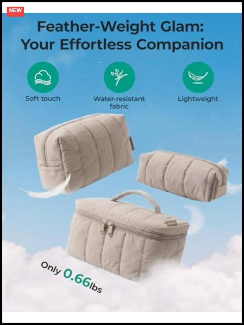 3-Piece Puffy Quilted Makeup Bag Set, Travel Cosmetic Organizer Toiletry Pouch